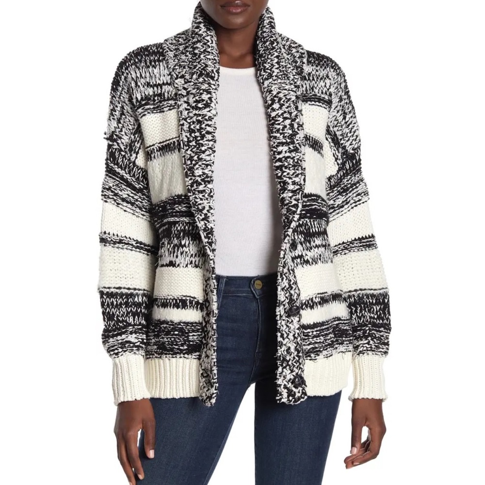 360Cashmere Annie Stripe Knit Cardigan Black White